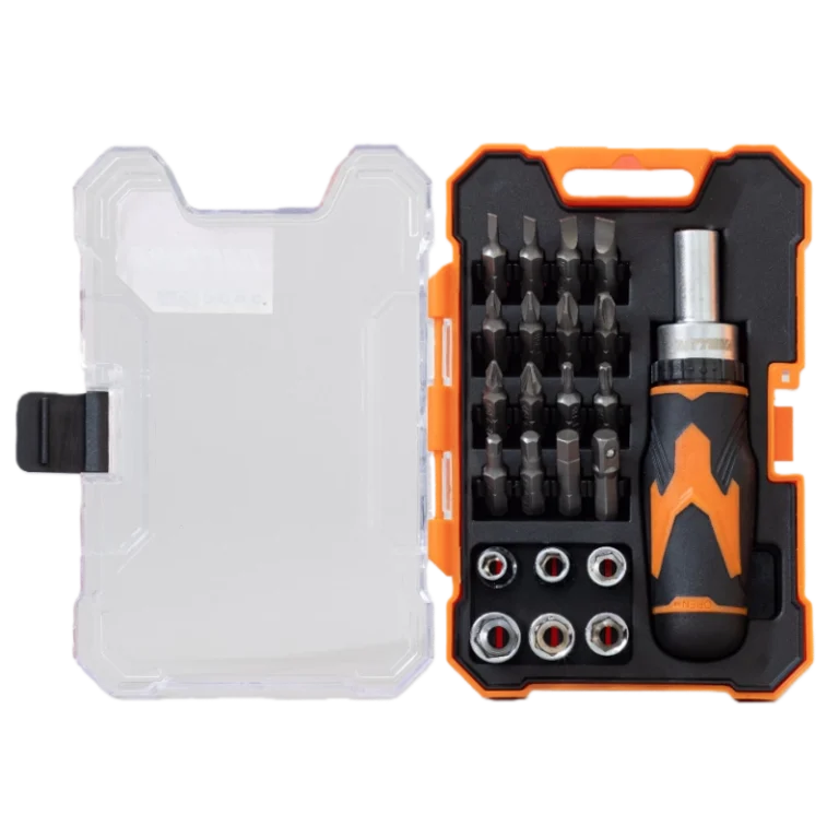 23-Piece Professional Compact Ratchet Screwdriver Set with Sockets Orange Storage Case