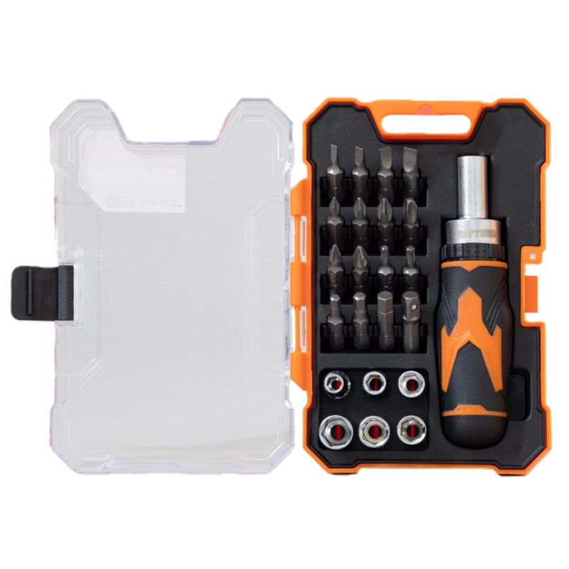 23-Piece Professional Compact Ratchet Screwdriver Set with Sockets Orange Storage Case