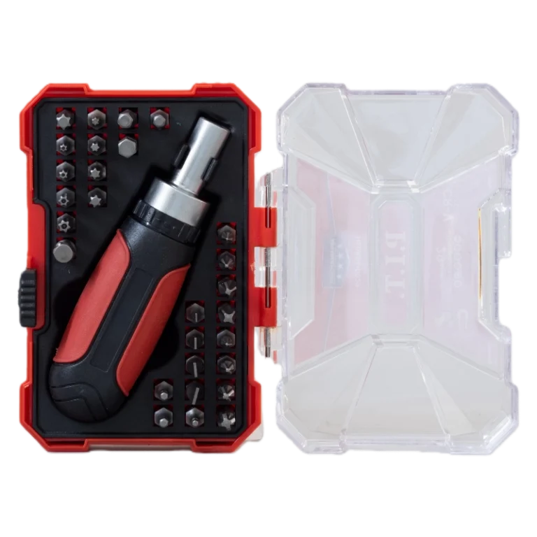 Professional Compact Ratchet Screwdriver Set with Assorted Bits Red Storage Case